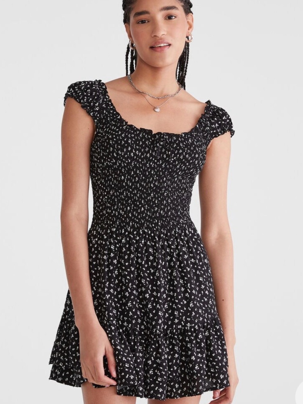 Black Smocked Mini Dress with White Floral Print